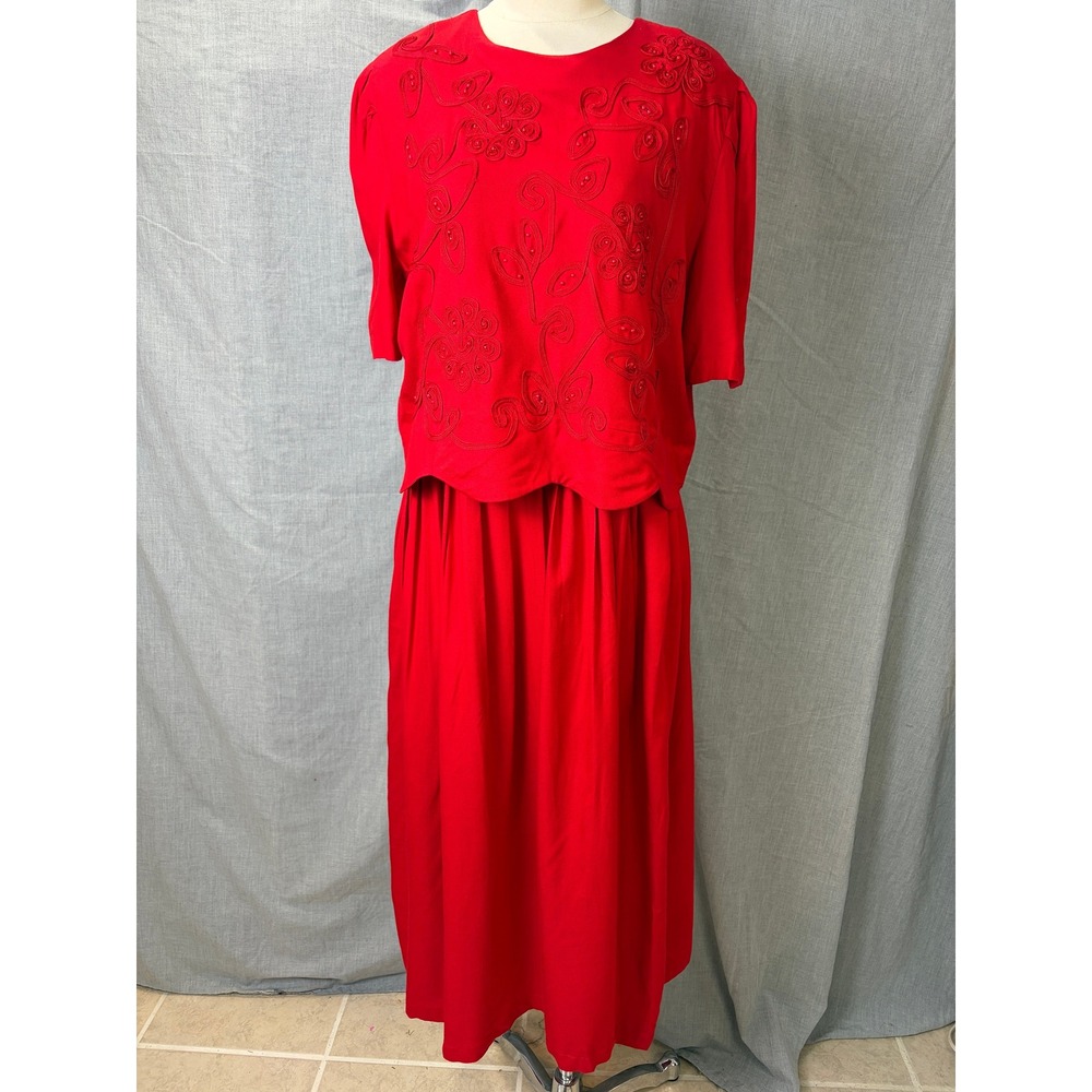 Vintage Karin Stevens Red Beaded Overlay Maxi Dress 80s 90s